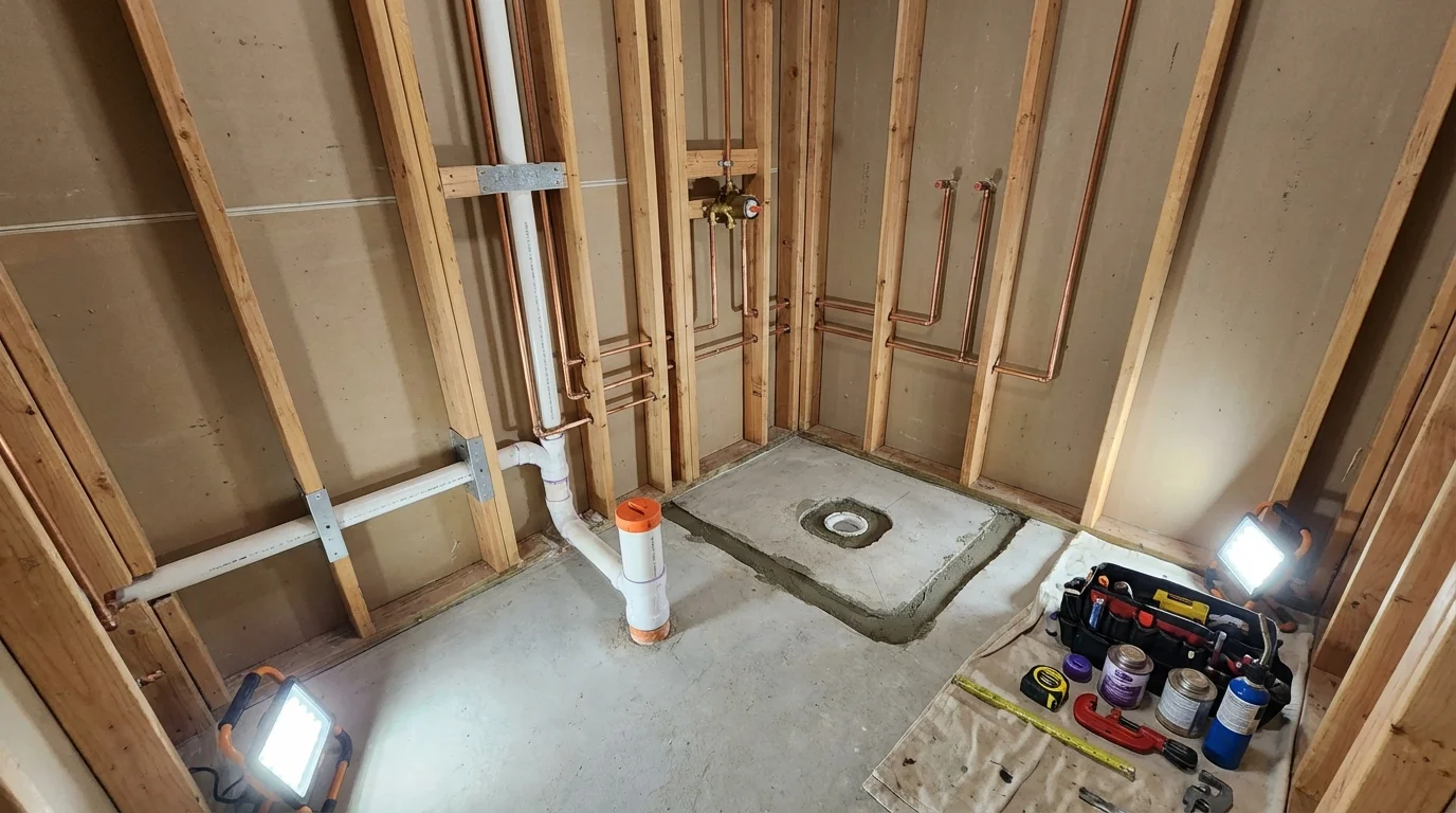 Bathroom rough-in plumbing during remodel by Johns Plumbing LLC in Myerstown