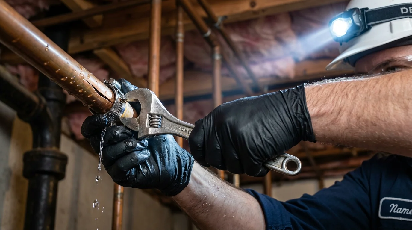 Emergency pipe clamp repair being performed by a Johns Plumbing LLC plumber in Myerstown