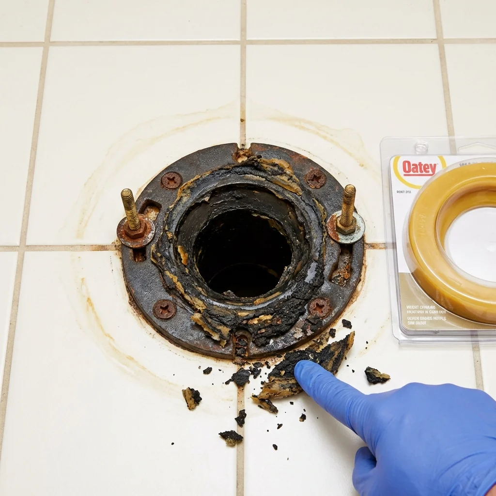 Failed wax ring showing water seepage at the base of a toilet in a Myerstown, PA home