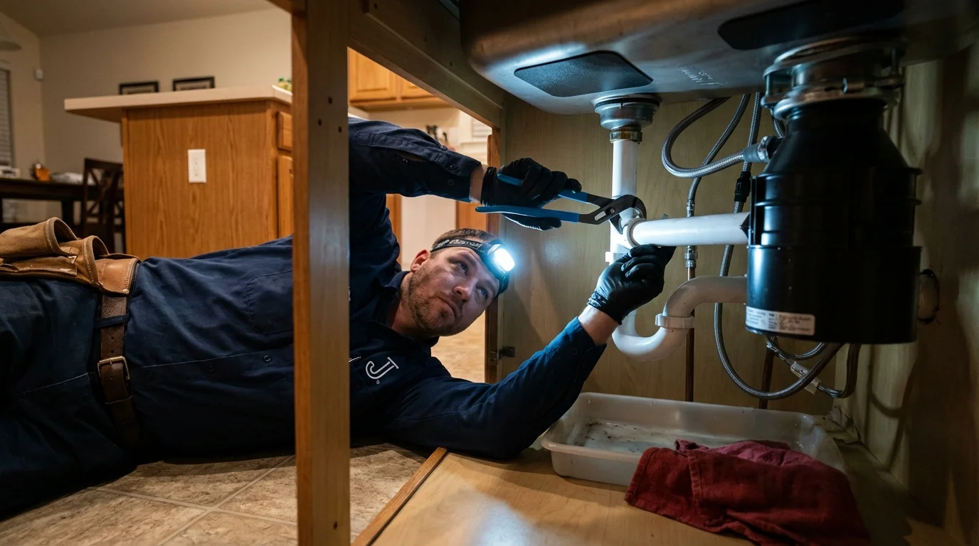P-trap and supply line connections under a kitchen sink showing a common leak point in Myerstown, PA